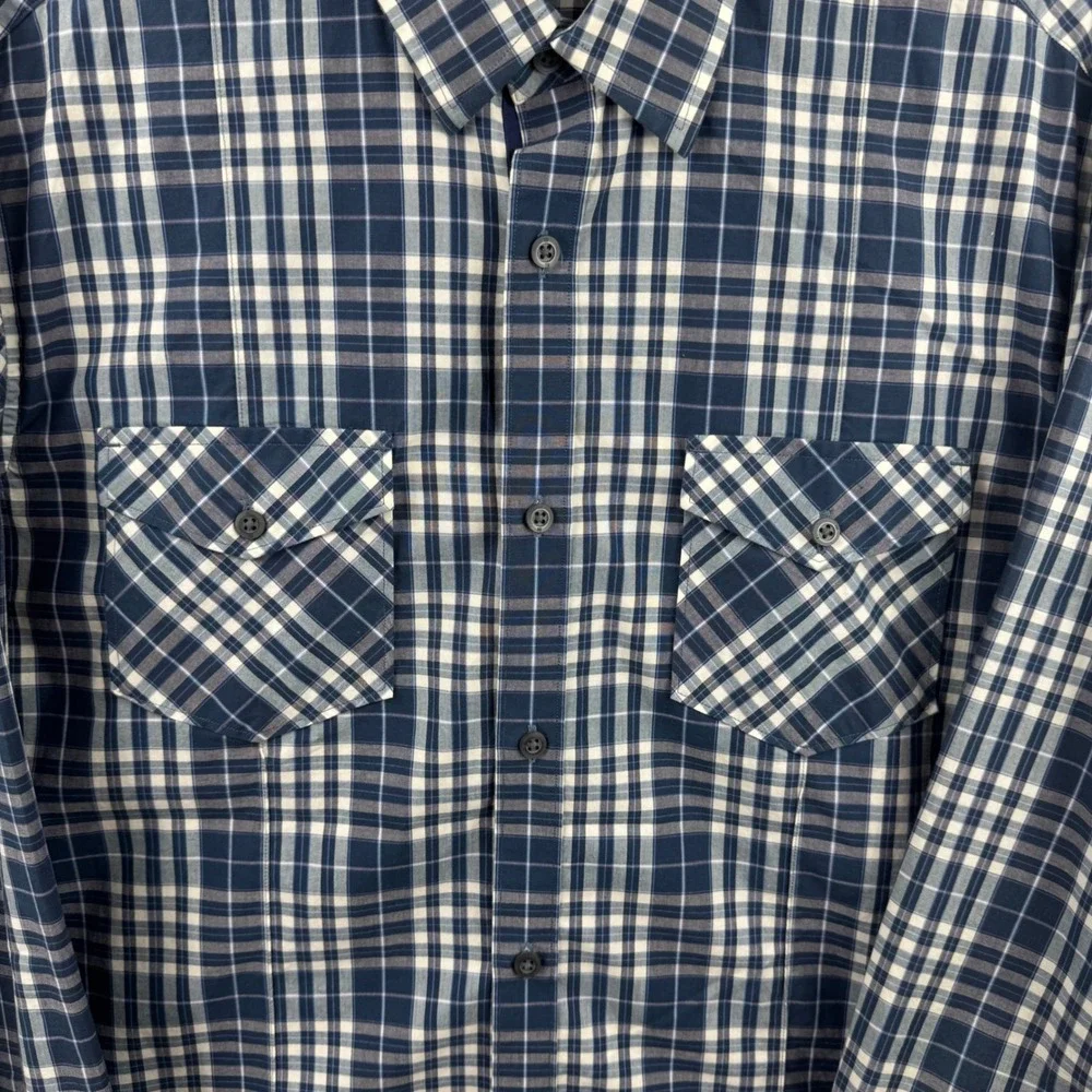 Banana Republic Button Down Shirt Men L Navy Blue Plaid Stretch Long Sleeve 6720